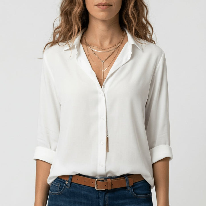 Damen Langarm-Bluse mit Hemdkragen aufgeknöpftem Vorderteil - Pure White