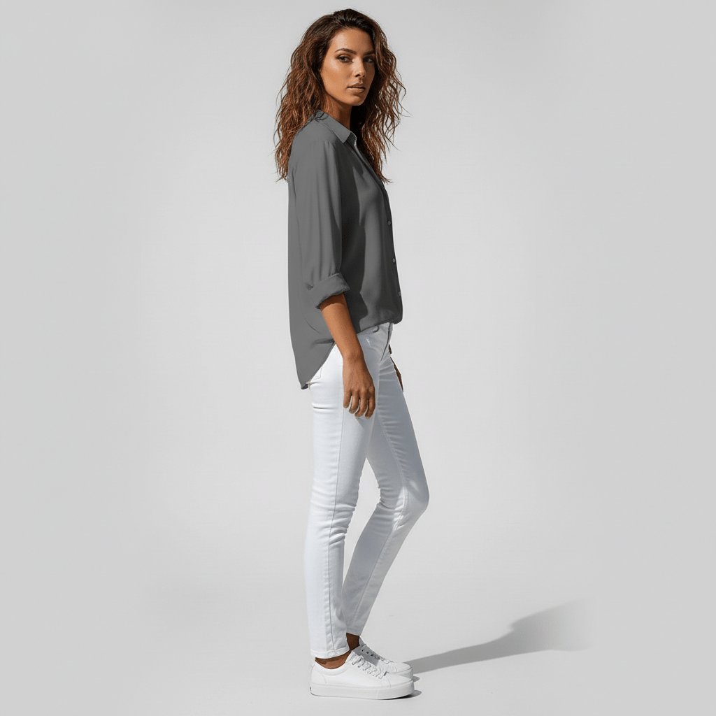 Damen Langarm-Bluse mit Hemdkragen aufgeknöpftem Vorderteil