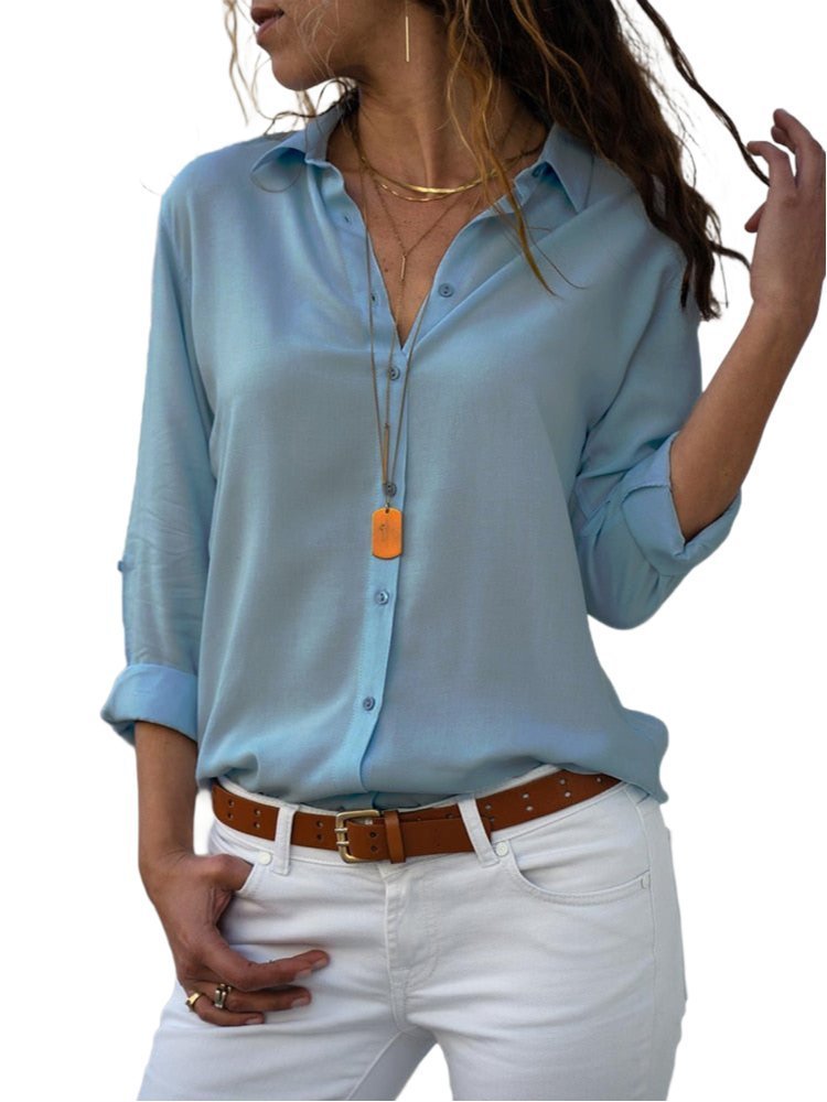 Damen Langarm-Bluse mit Kragen und Knopfleiste in Relaxed Fit - Light Blue