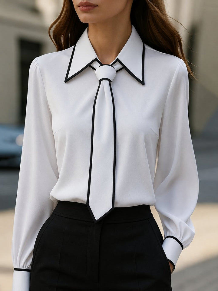 Damen Langarm-Bluse mit Krawatten-Detail Kontrastkragen Knopfleiste - White