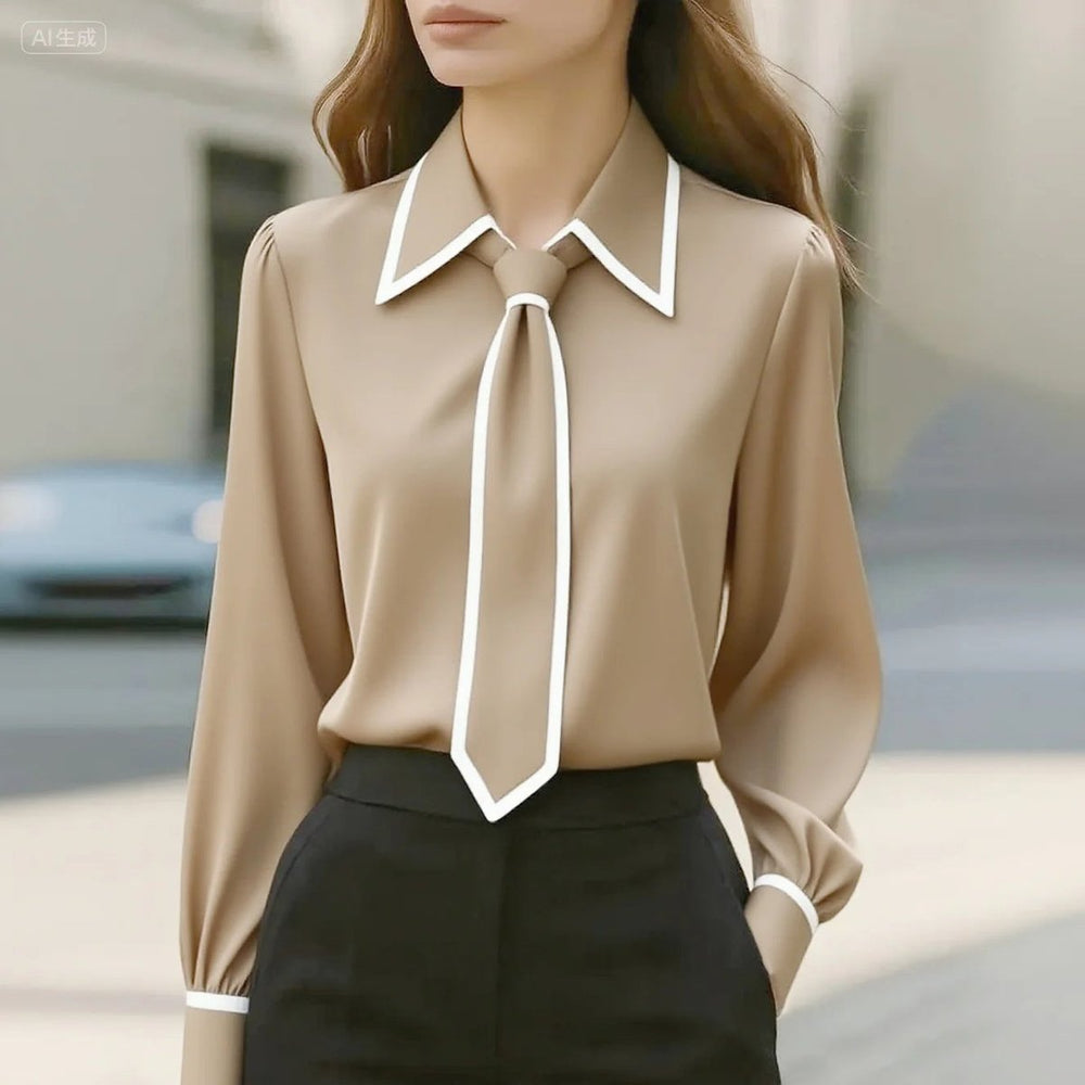 Damen Langarm-Bluse mit Krawatten-Detail Kontrastkragen Knopfleiste - Beige