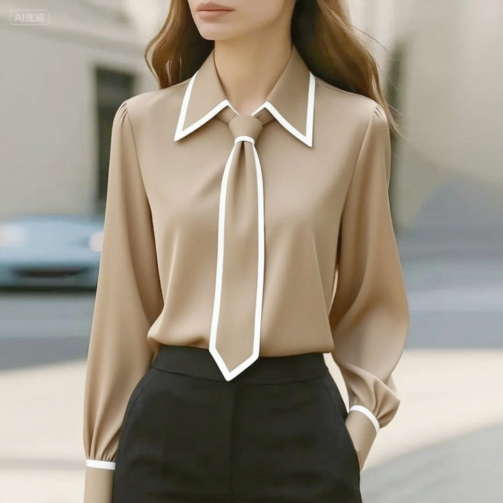 Damen Langarm-Bluse mit Krawatten-Detail Kontrastkragen Knopfleiste - Beige