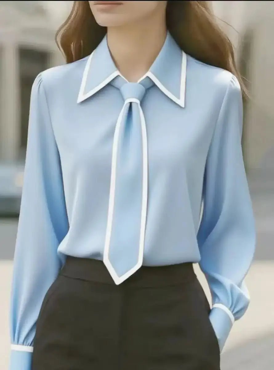 Damen Langarm-Bluse mit Krawatten-Detail Kontrastkragen Knopfleiste - Sky Blue