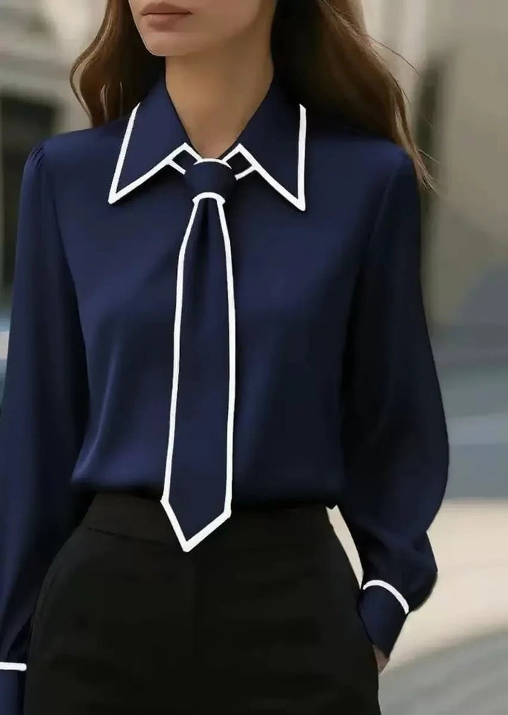 Damen Langarm-Bluse mit Krawatten-Detail Kontrastkragen Knopfleiste - Navy Blue