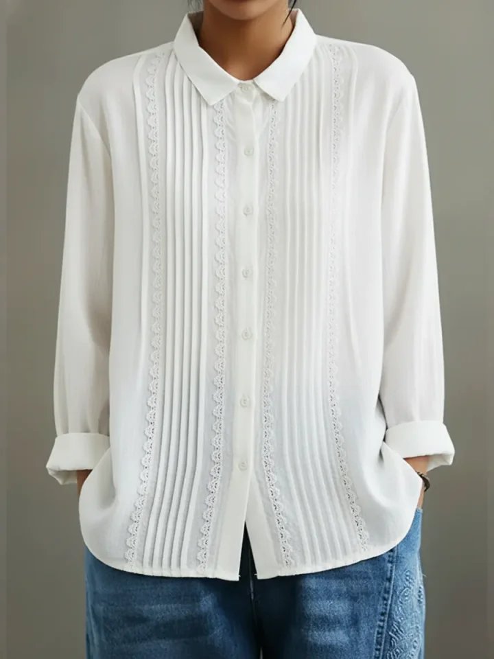 Damen Langarm-Bluse mit Spitzenbesatz und Kellerfalten-Front