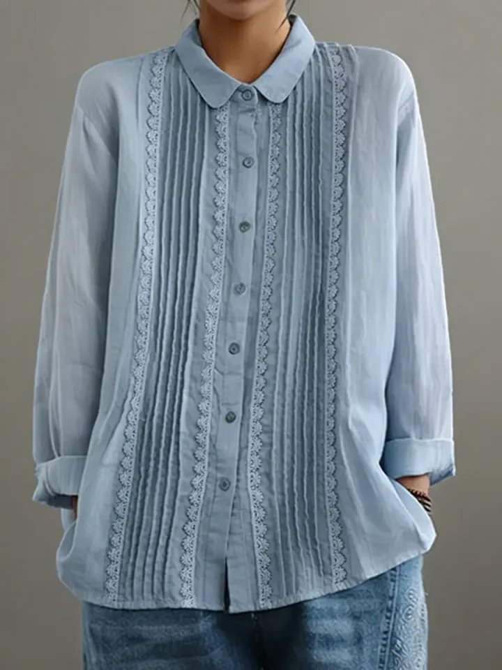 Damen Langarm-Bluse mit Spitzenbesatz und Kellerfalten-Front - Light Blue