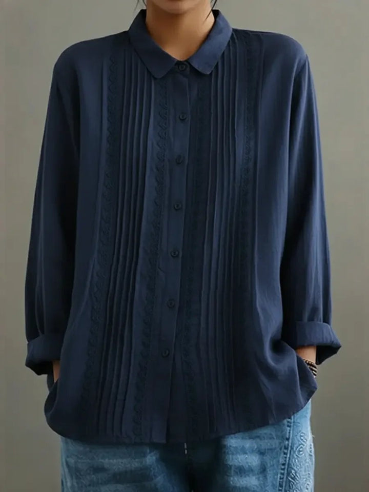 Damen Langarm-Bluse mit Spitzenbesatz und Kellerfalten-Front - Blue
