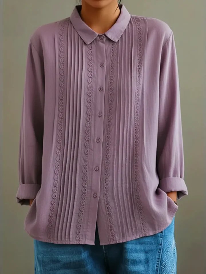 Damen Langarm-Bluse mit Spitzenbesatz und Kellerfalten-Front - Purple