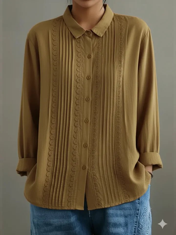 Damen Langarm-Bluse mit Spitzenbesatz und Kellerfalten-Front - Beige
