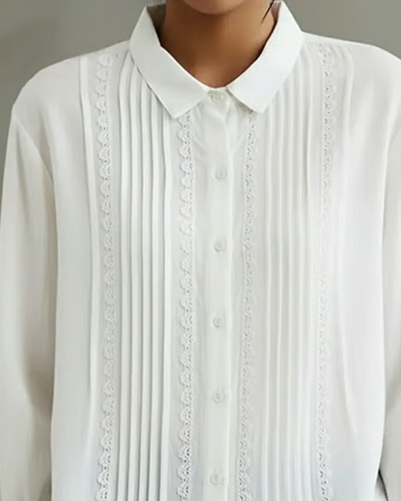 Damen Langarm-Bluse mit Spitzenbesatz und Kellerfalten-Front