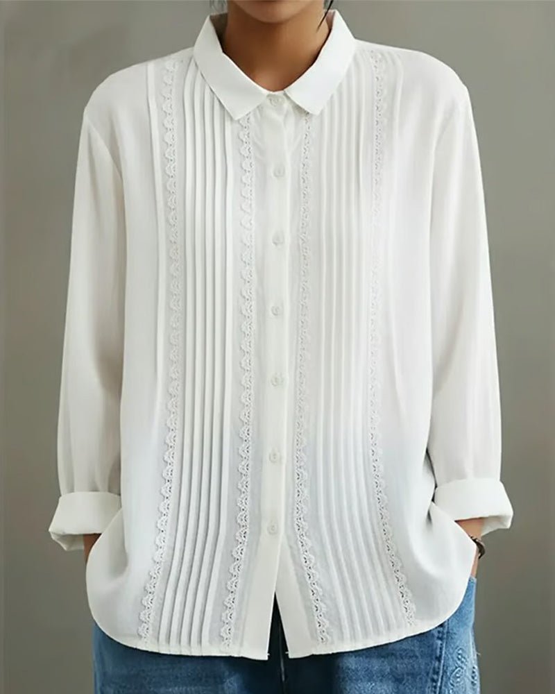 Damen Langarm-Bluse mit Spitzenbesatz und Kellerfalten-Front - White