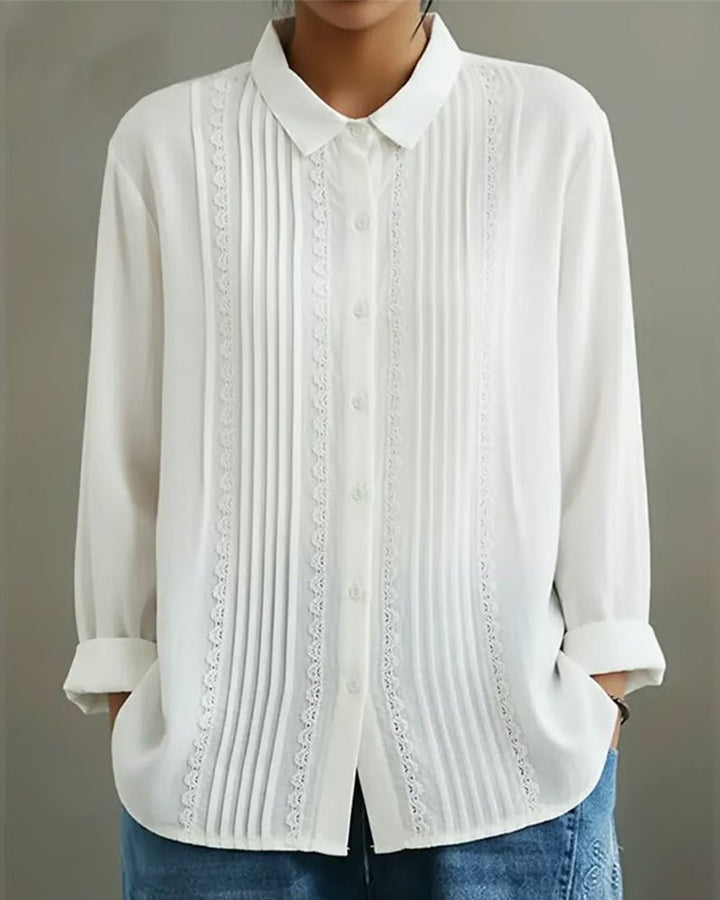 Damen Langarm-Bluse mit Spitzenbesatz und Kellerfalten-Front - White
