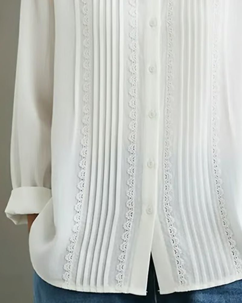 Damen Langarm-Bluse mit Spitzenbesatz und Kellerfalten-Front