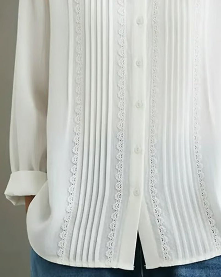 Damen Langarm-Bluse mit Spitzenbesatz und Kellerfalten-Front