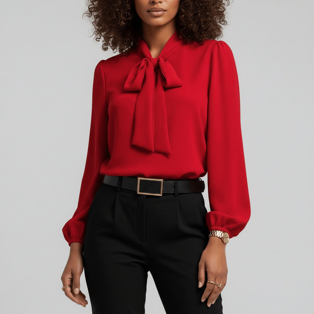 Damen Langarm-Bluse Schleifenkragen Relaxed-Fit Büro - Scarlet Red