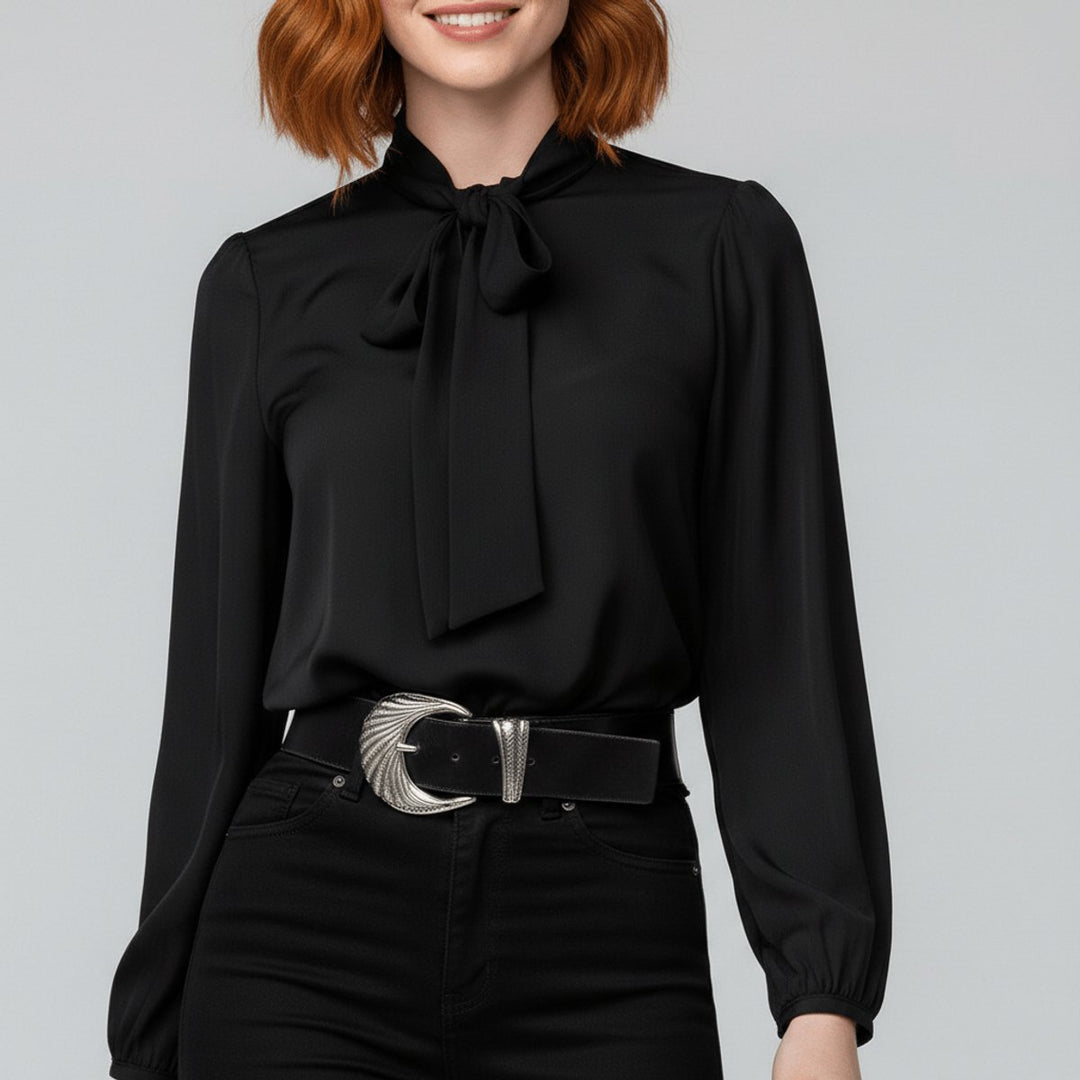 Damen Langarm-Bluse Schleifenkragen Relaxed-Fit Büro - Jet Black