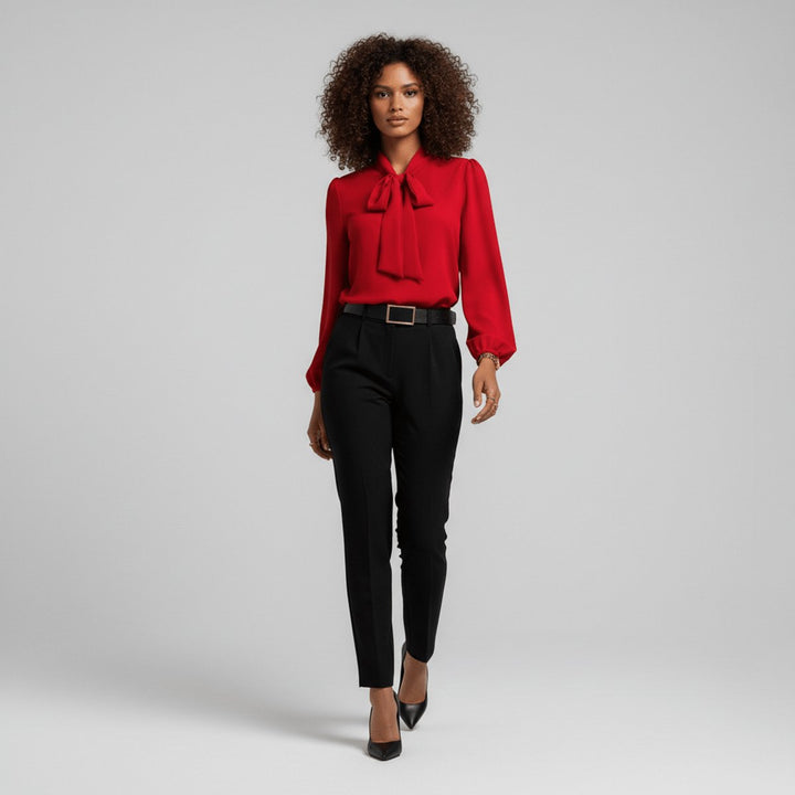 Damen Langarm-Bluse Schleifenkragen Relaxed-Fit Büro