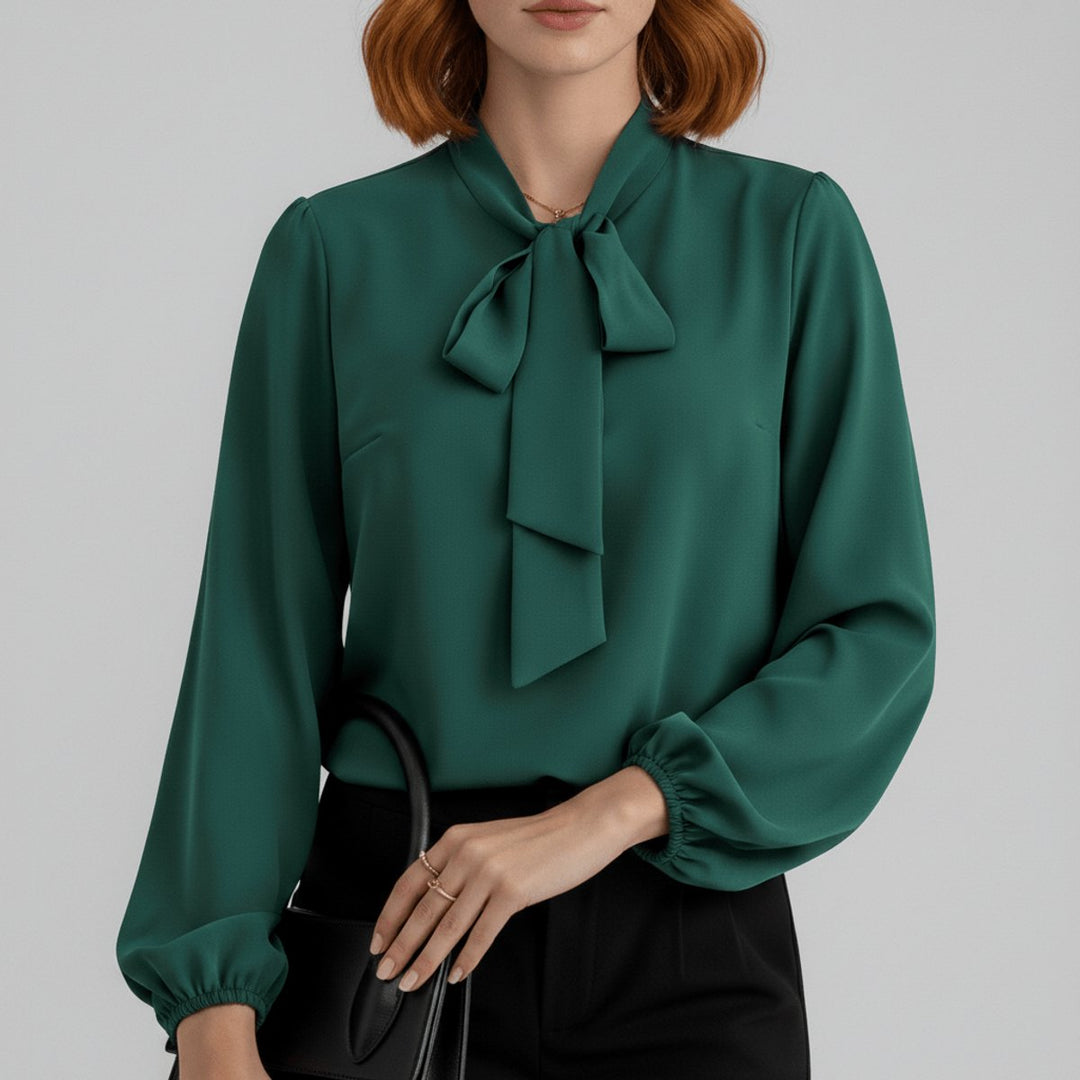 Damen Langarm-Bluse Schleifenkragen Relaxed-Fit Büro - Forest Green