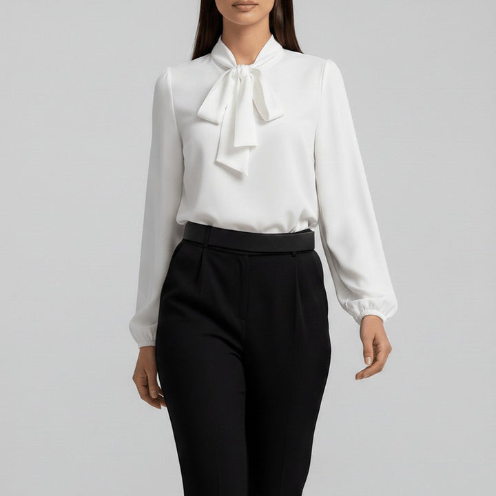 Damen Langarm-Bluse Schleifenkragen Relaxed-Fit Büro - Pure White