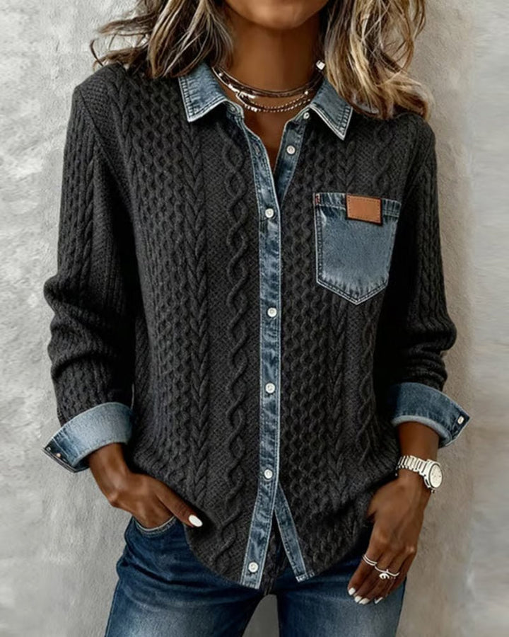 Damen Langarm-Bluse Zopfmuster Denim-Patchwork Knopfleiste - Dark Gray