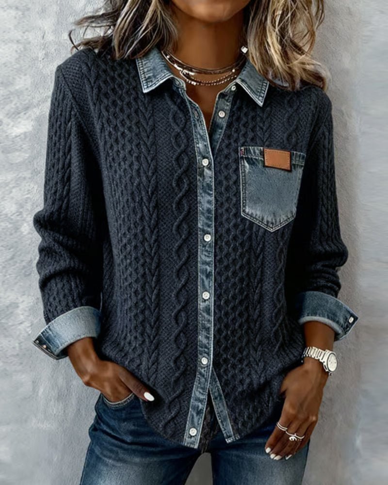 Damen Langarm-Bluse Zopfmuster Denim-Patchwork Knopfleiste - Dark Blue