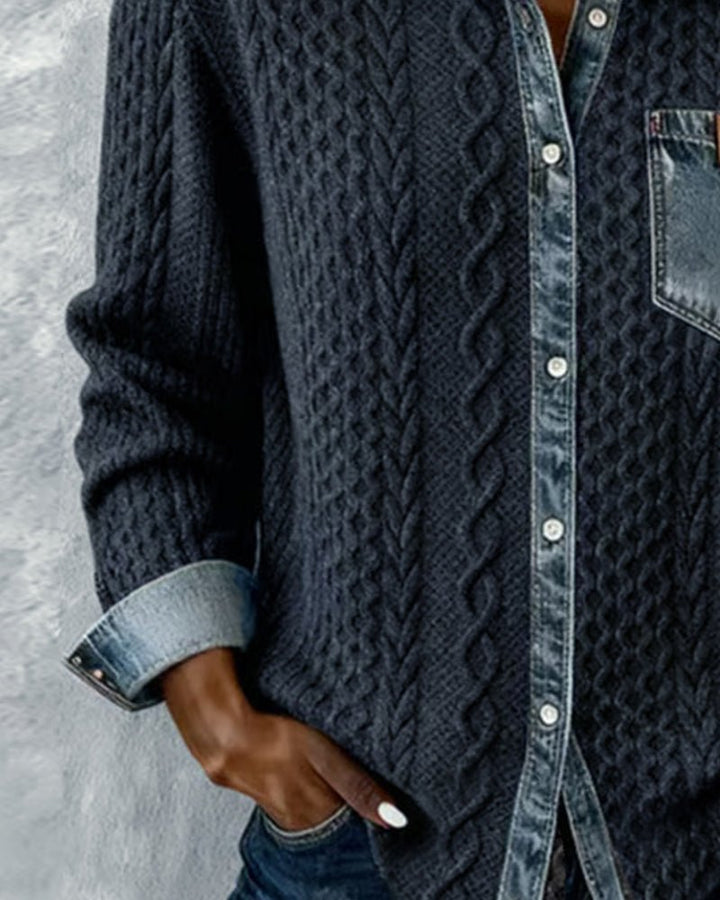 Damen Langarm-Bluse Zopfmuster Denim-Patchwork Knopfleiste