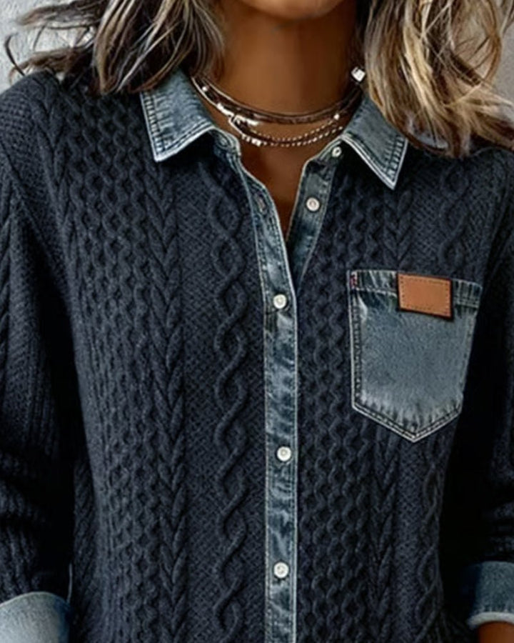 Damen Langarm-Bluse Zopfmuster Denim-Patchwork Knopfleiste