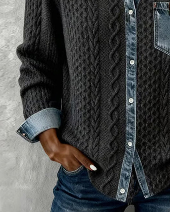 Damen Langarm-Bluse Zopfmuster Denim-Patchwork Knopfleiste