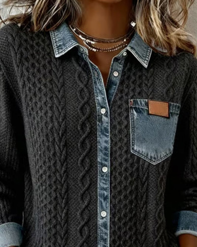 Damen Langarm-Bluse Zopfmuster Denim-Patchwork Knopfleiste