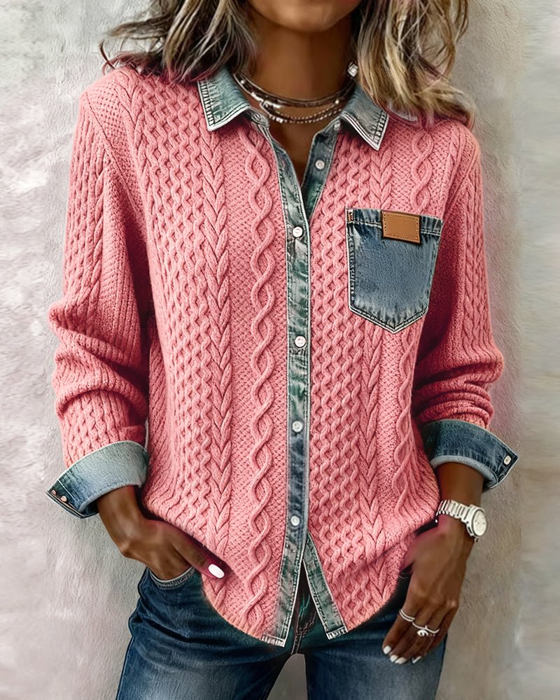 Damen Langarm-Bluse Zopfmuster Denim-Patchwork Knopfleiste - Pink