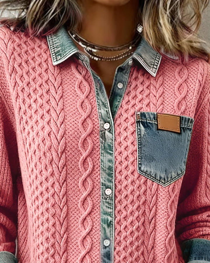 Damen Langarm-Bluse Zopfmuster Denim-Patchwork Knopfleiste