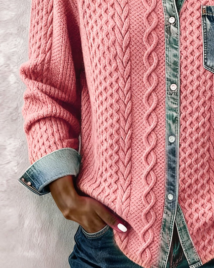 Damen Langarm-Bluse Zopfmuster Denim-Patchwork Knopfleiste