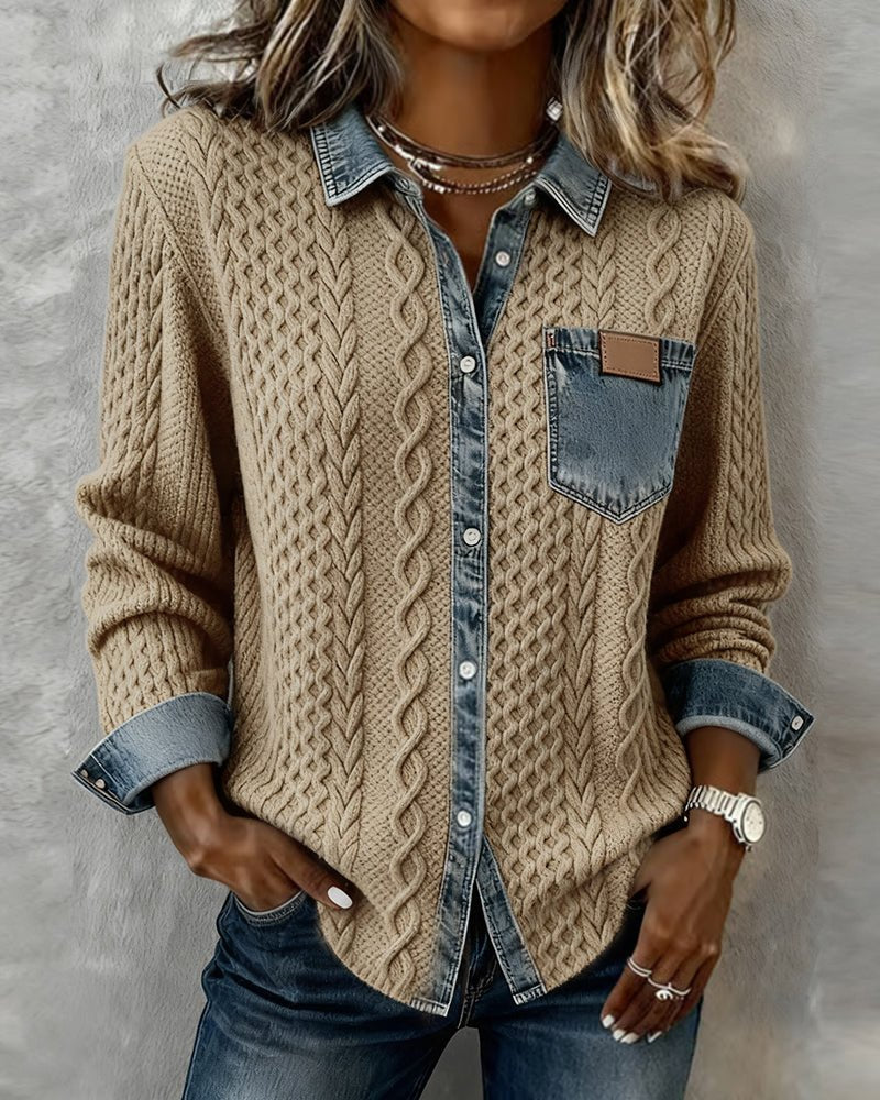 Damen Langarm-Bluse Zopfmuster Denim-Patchwork Knopfleiste - Khaki