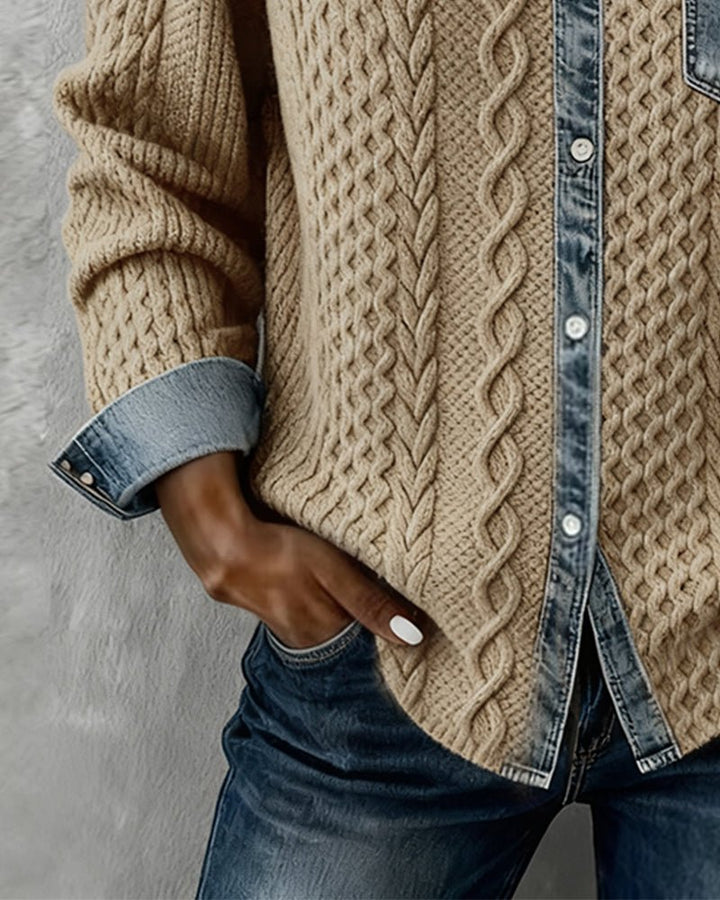 Damen Langarm-Bluse Zopfmuster Denim-Patchwork Knopfleiste