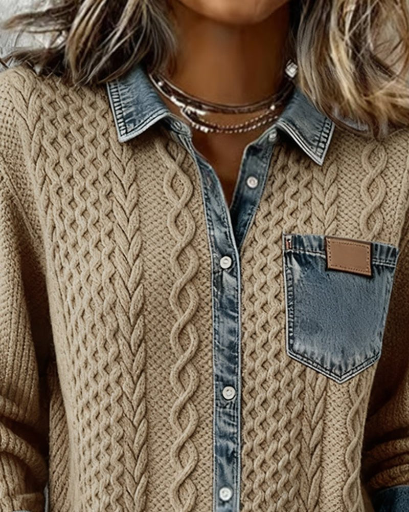 Damen Langarm-Bluse Zopfmuster Denim-Patchwork Knopfleiste
