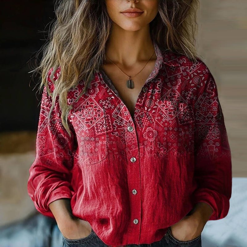 Damen Langarm Boho-Paisley Vintage Bluse mit Knopfleiste - Red