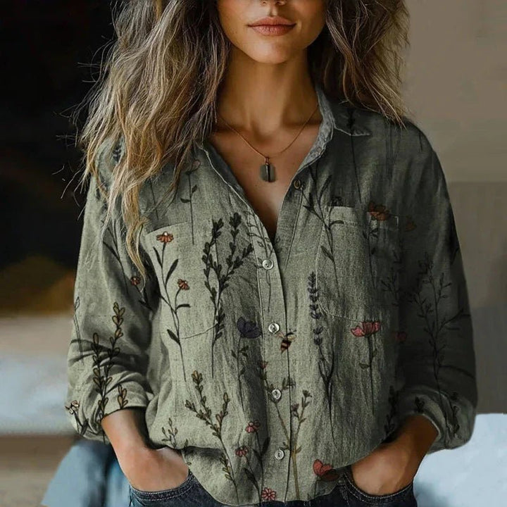 Damen Langarm Boho-Paisley Vintage Bluse mit Knopfleiste - Green