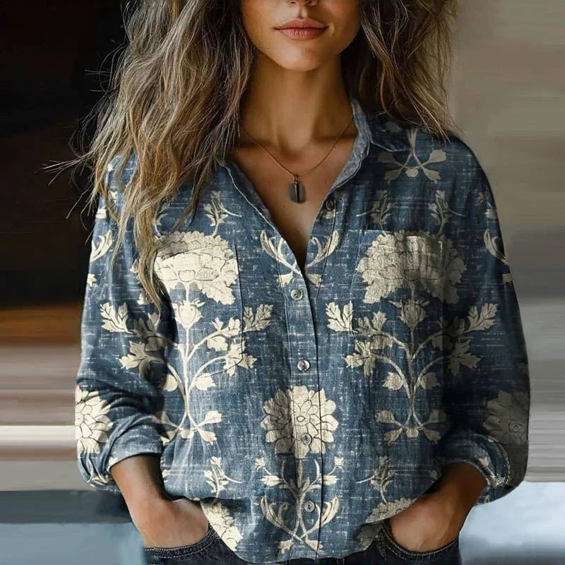 Damen Langarm Boho-Paisley Vintage Bluse mit Knopfleiste - Blue
