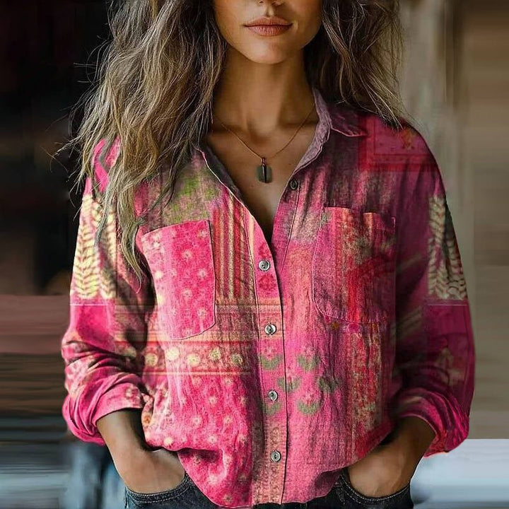 Damen Langarm Boho-Paisley Vintage Bluse mit Knopfleiste - Pink