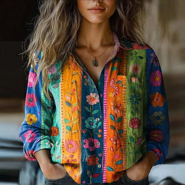 Damen Langarm Boho-Paisley Vintage Bluse mit Knopfleiste - Multicolored