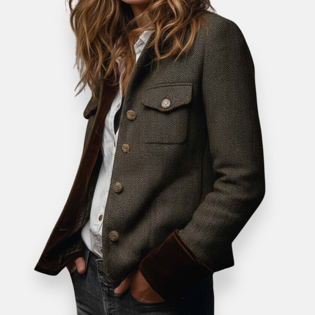 Damen Langarm Fischgrät Blazer mit Knöpfen