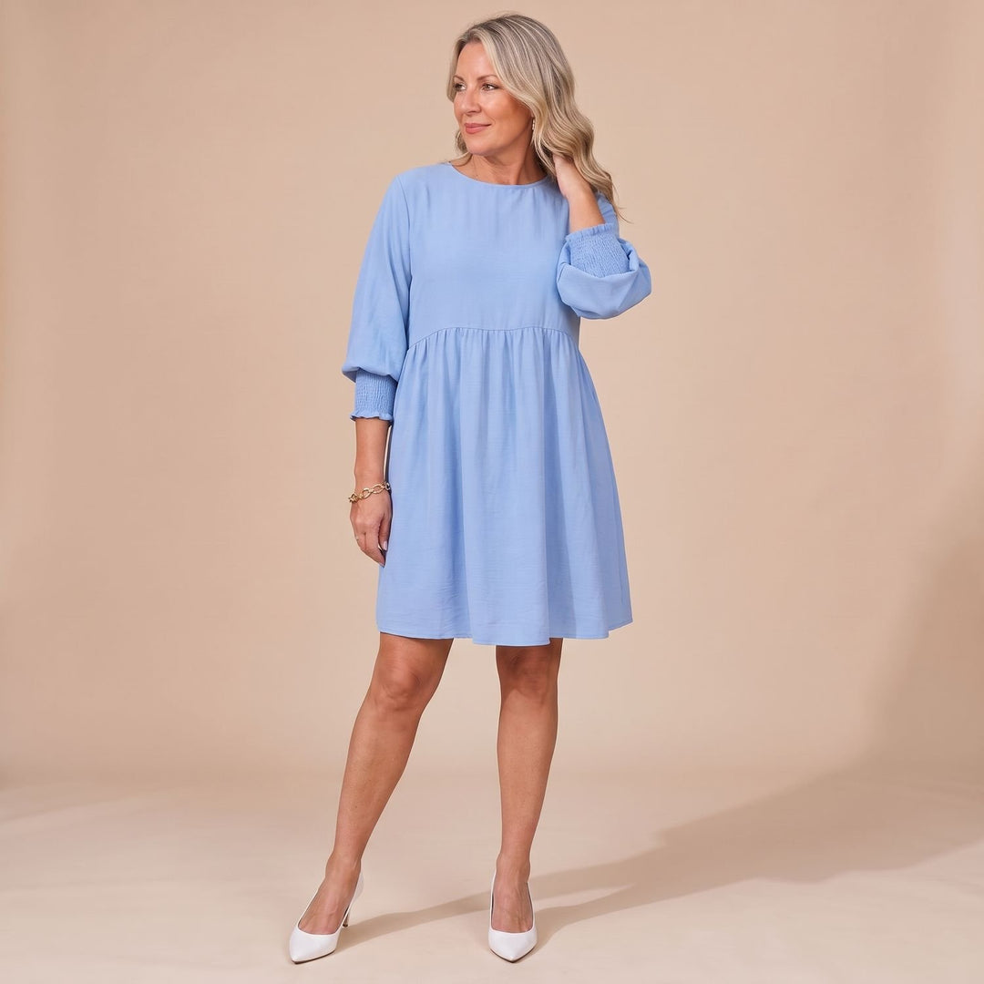 Damen Langarm-Kleid mit Smok-Manschetten lockerer Babydoll-Schnitt