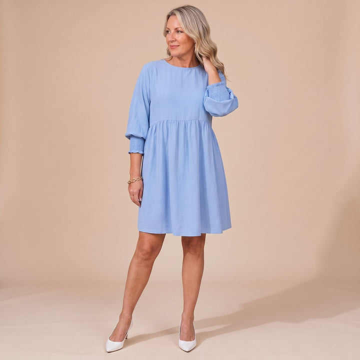 Damen Langarm-Kleid mit Smok-Manschetten lockerer Babydoll-Schnitt