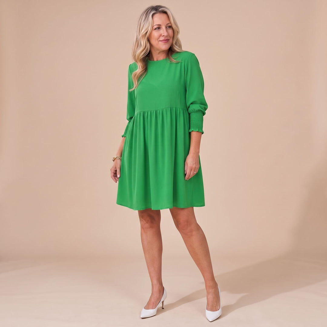Damen Langarm-Kleid mit Smok-Manschetten lockerer Babydoll-Schnitt