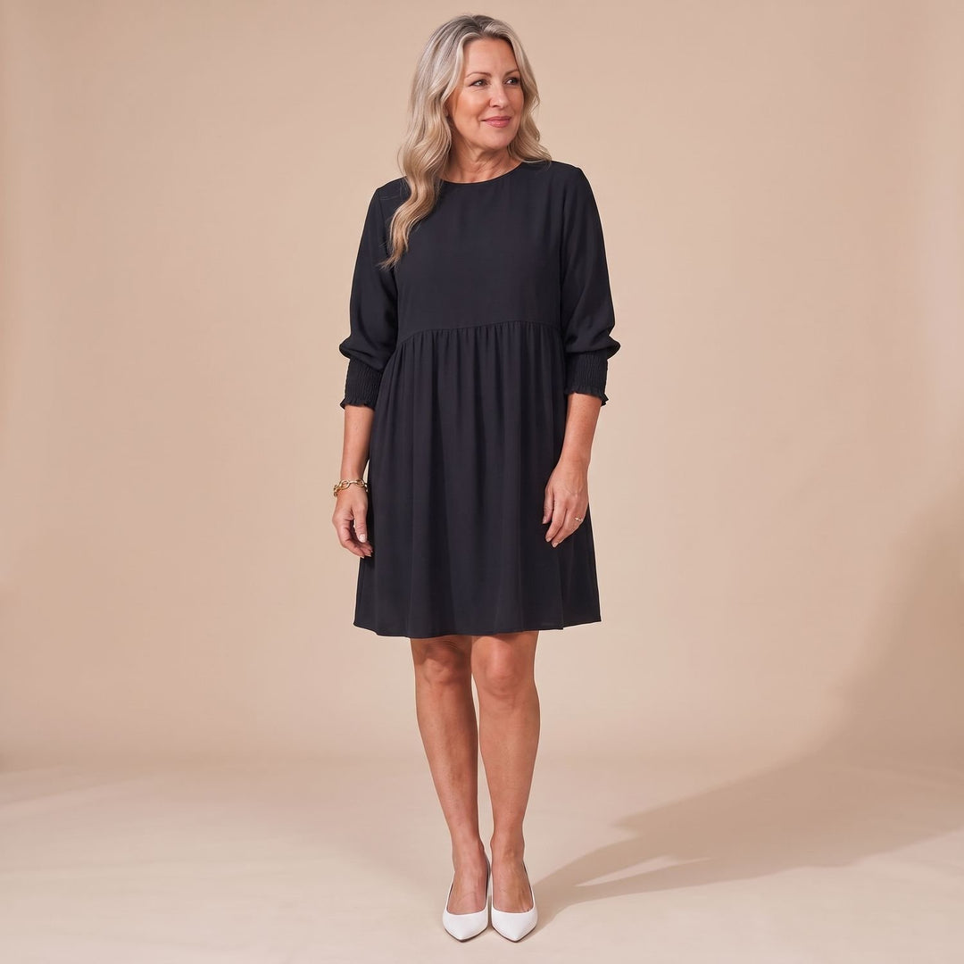Damen Langarm-Kleid mit Smok-Manschetten lockerer Babydoll-Schnitt