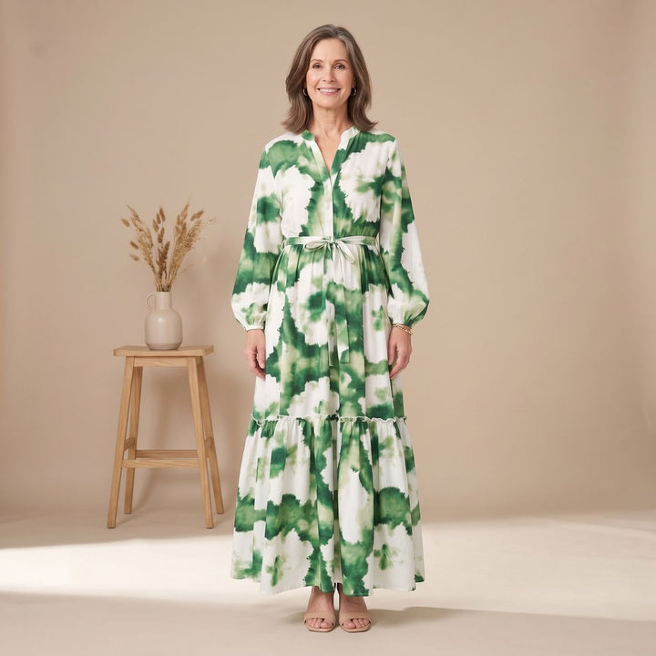 Damen Langarm Maxi-Kleid mit Bindeband und Stufenrock - Gemustert