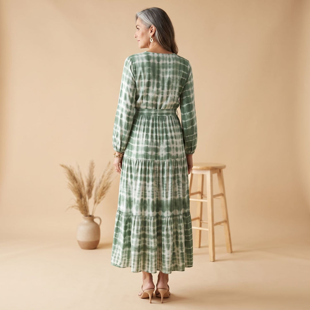 Damen Langarm Maxi-Kleid mit Bindeband und Stufenrock