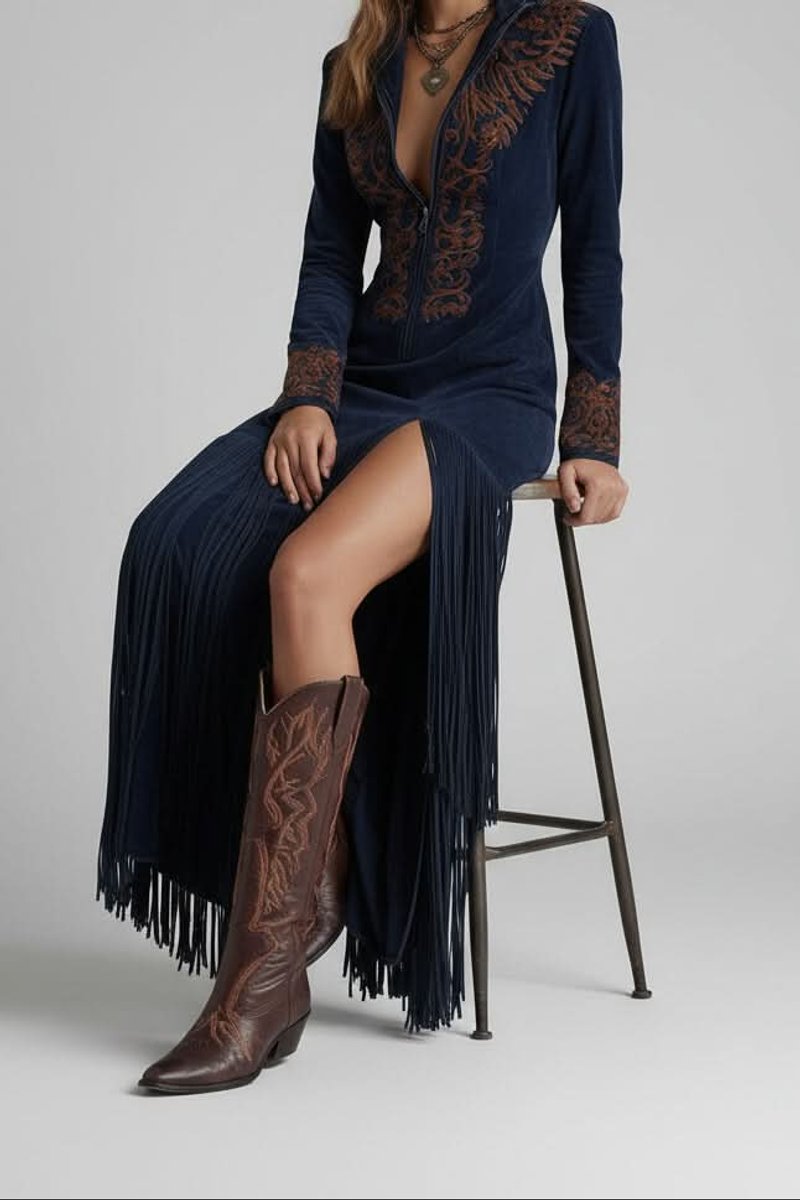 Damen Langarm Maxi-Kleid mit Fransen und Western-Stickerei