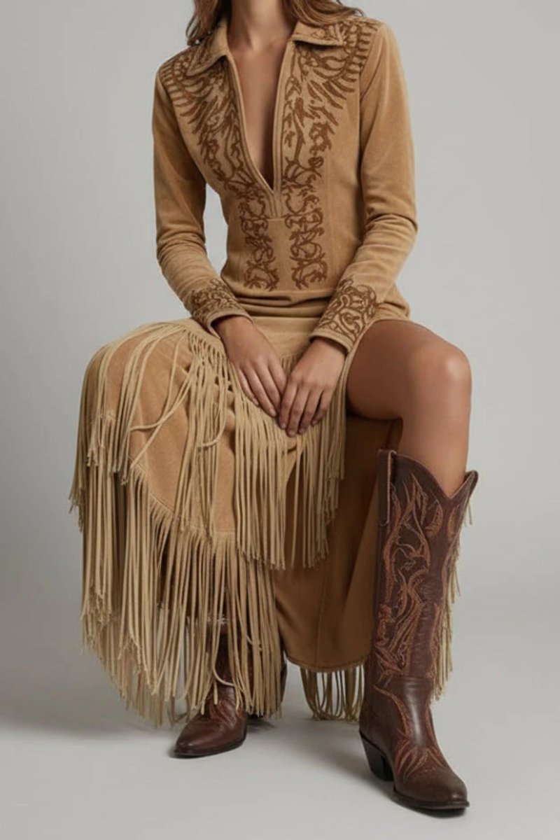 Damen Langarm Maxi-Kleid mit Fransen und Western-Stickerei - Light brown