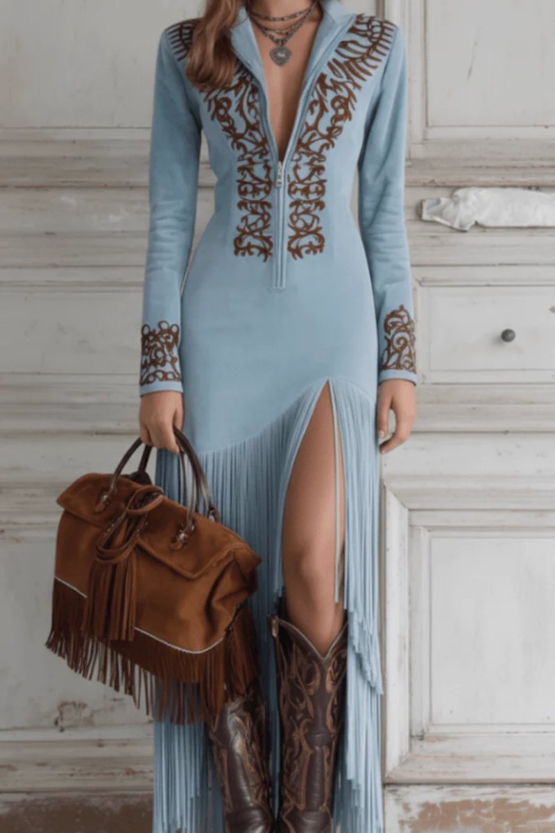 Damen Langarm Maxi-Kleid mit Fransen und Western-Stickerei